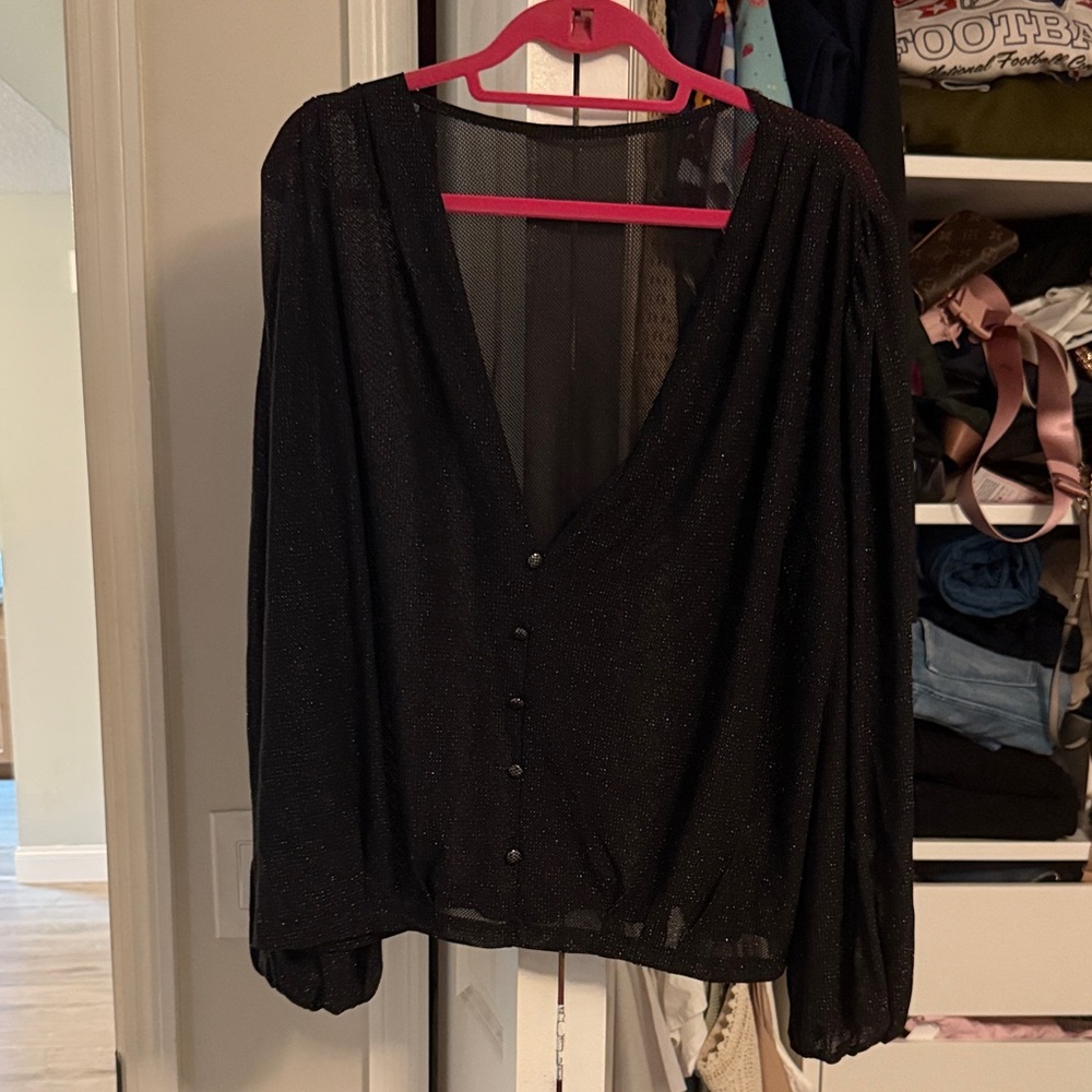 SHEIN Black Sheer Button-Up Blouse